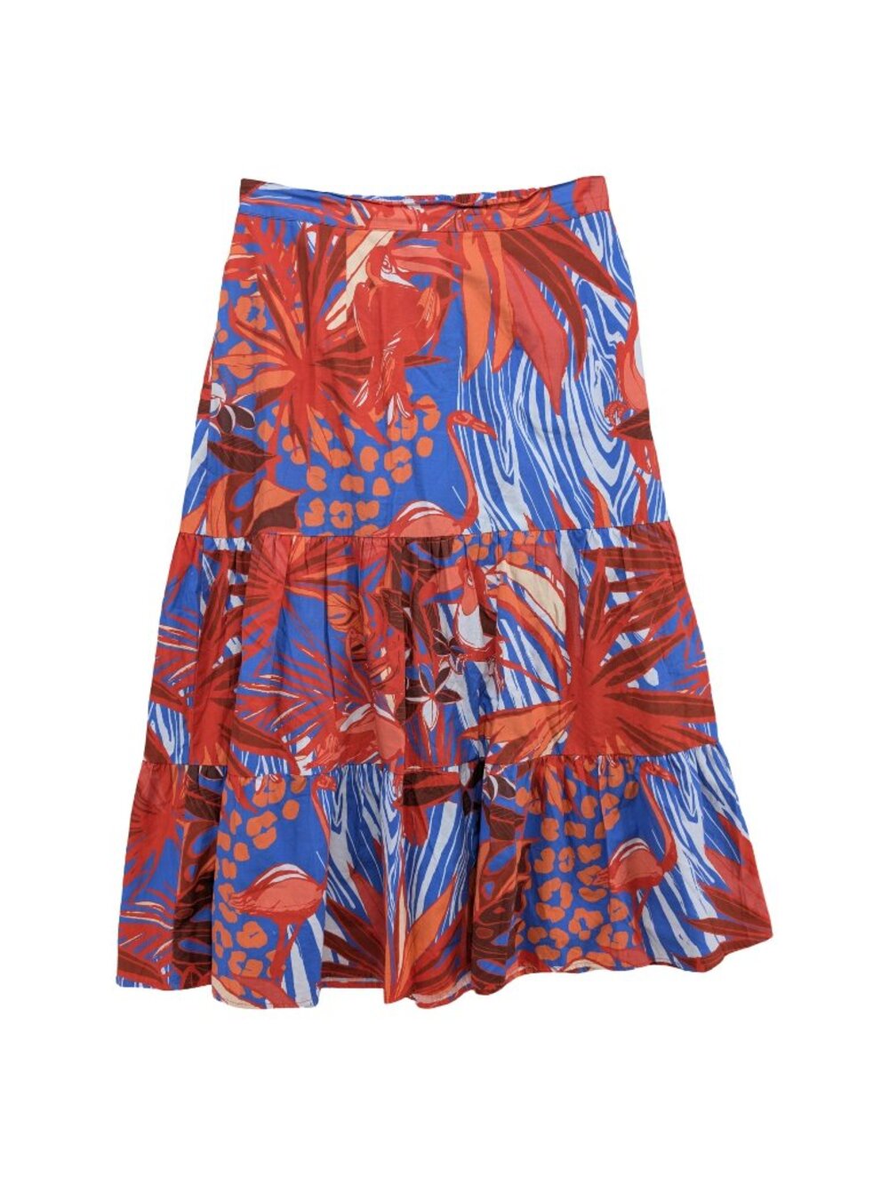 Maude Vivante Ada Midi Skirt Multicolor Tiered Tropical Flamingo Toucan Size M